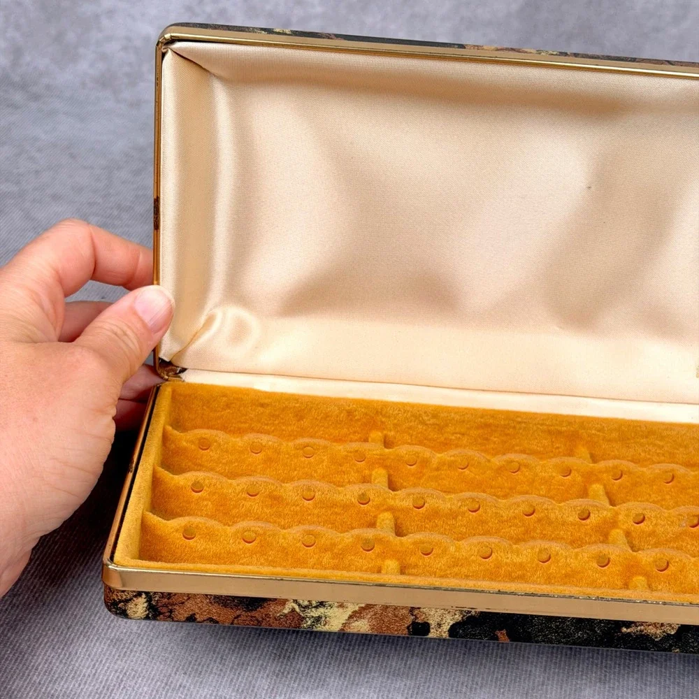Vintage Mele Jewelry Box Abstract Tortoise Shell Print Gold Tone Travel Case